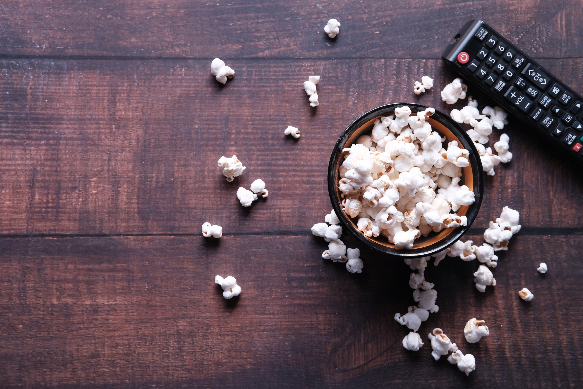 A Bowl of Popcorn and Remote Controller